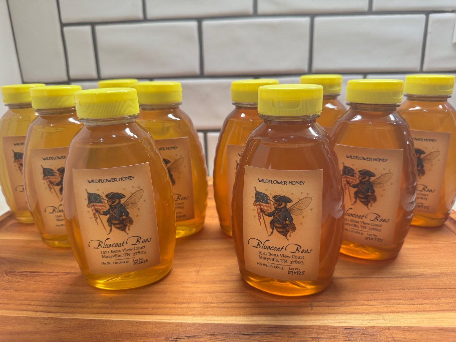 Bottles of Bluecoat Bees honey